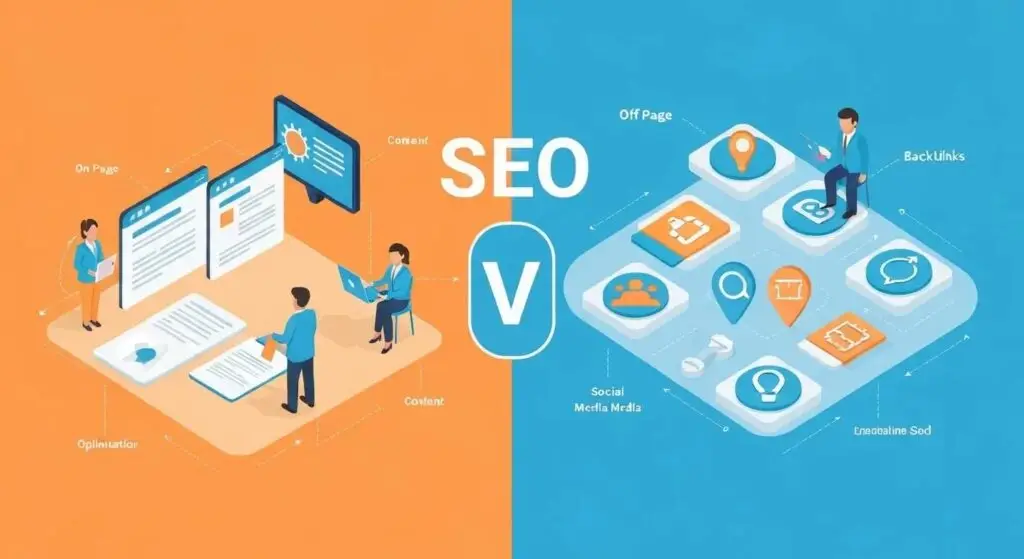 Visual representation of on-page and off-page SEO concepts, highlighting website optimization and backlink strategies
