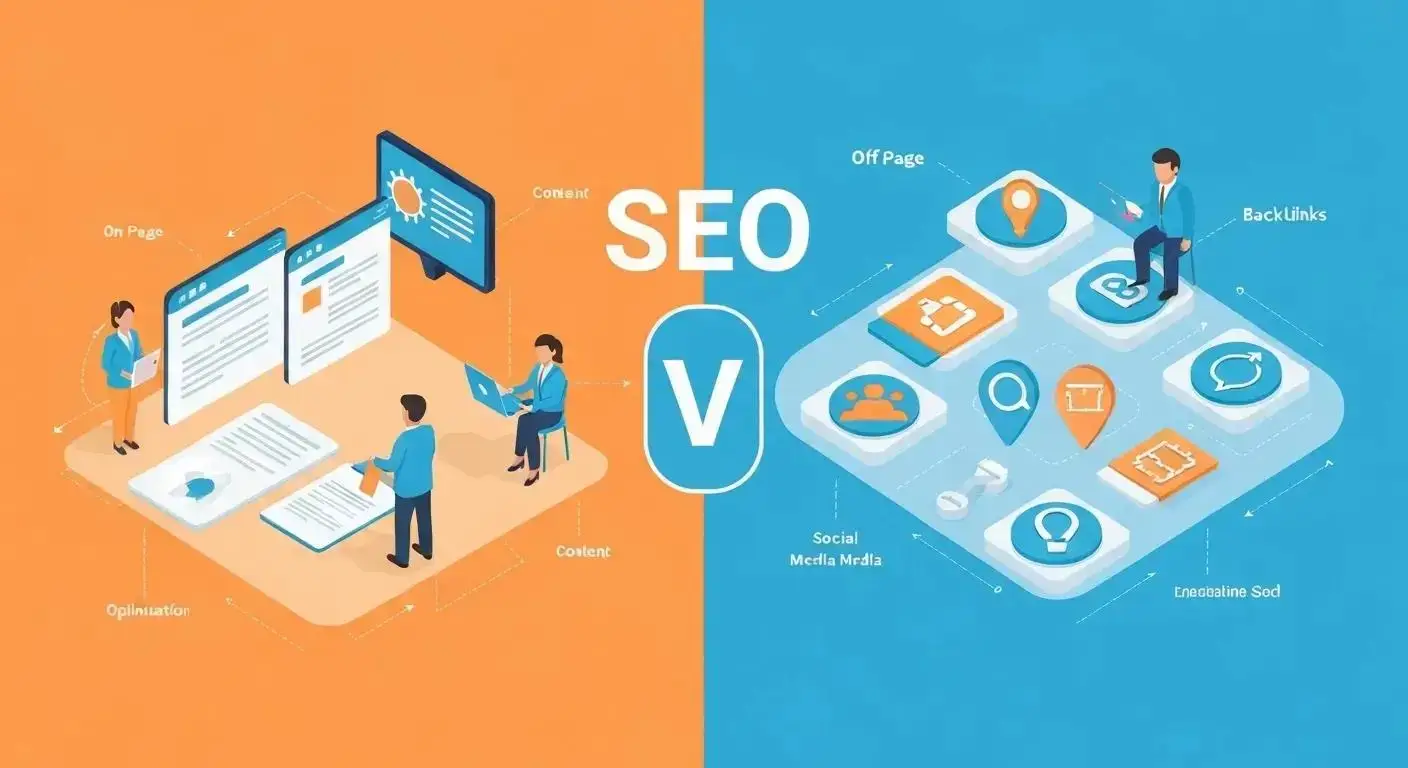 Visual representation of on-page and off-page SEO concepts, highlighting website optimization and backlink strategies