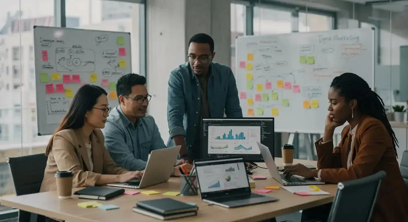 Diverse digital marketing team collaborating in a modern office, emphasizing teamwork and strategy